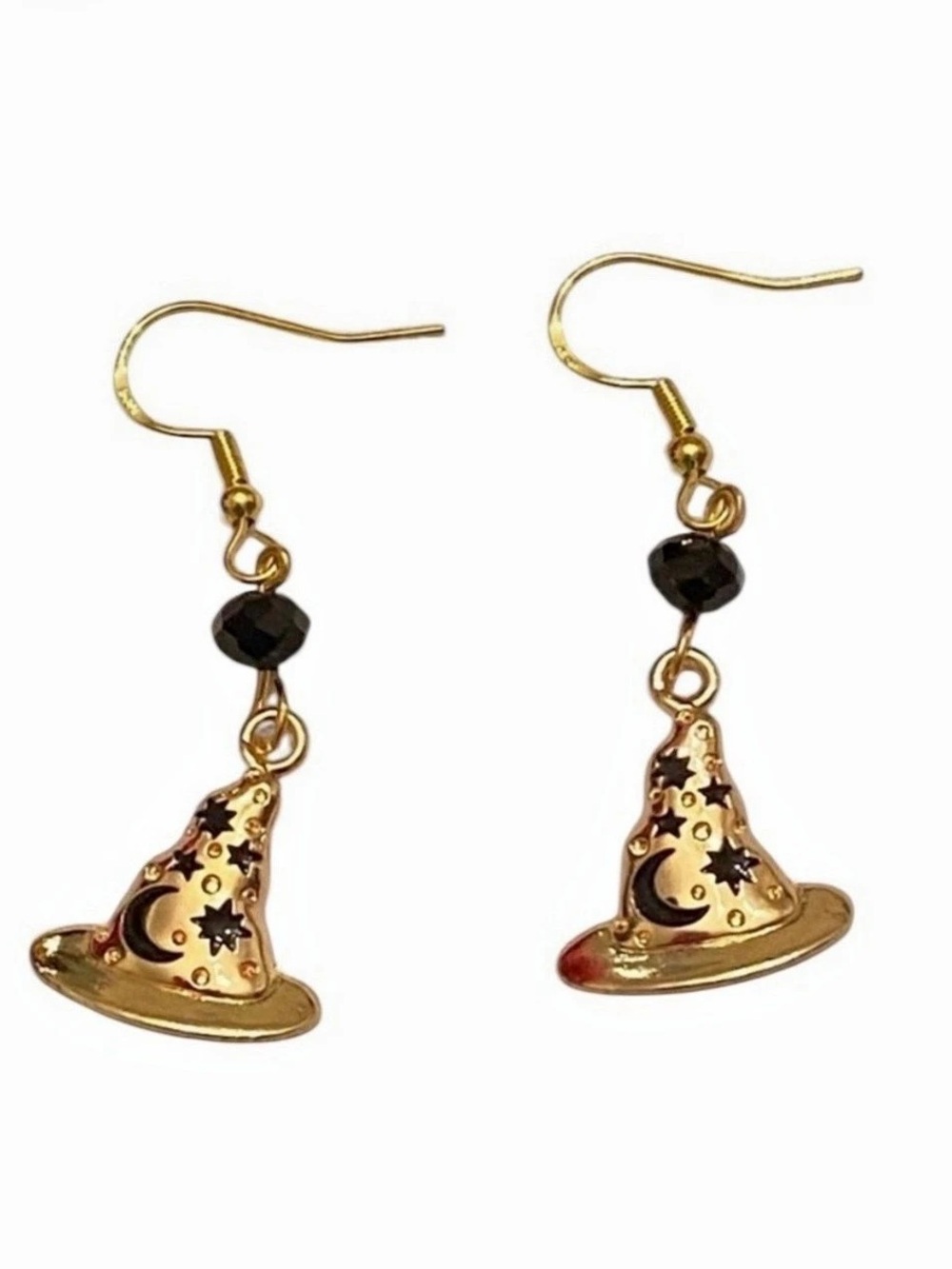 Witch Hat Moon & Stars Earrings in Gold & Black